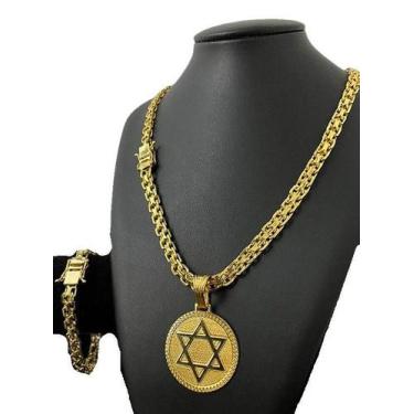 Imagem de Cordão E Pulseira Cad Duplo 10Mm + Ping Estrela Davi Banhado - Tojoia1