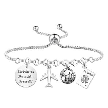 Imagem de PLITI Presente de comissária de bordo, presente de aeromoça, She Believed She Could So She Did para amantes de viagens, Medium, Aço inoxidável, Sem Pedra Preciosa