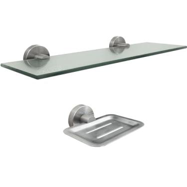 Imagem de Dona D cor, Kit Porta Shampoo Banheiro Inox Suporte Porta Sabonete Box Luxo Kit 2 Peças Prateleira de Vidro Incolor Suporte De Shampoo e Saboneteira Inox Escovado