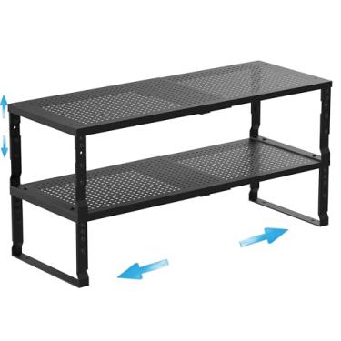 Imagem de Wobmmi Prateleira expansível para temperos, armário de cozinha, prateleira empilhável, prateleira de balcão ajustável para armários, bancada, armário, despensa e muito mais (2 pacotes/preto/grande)