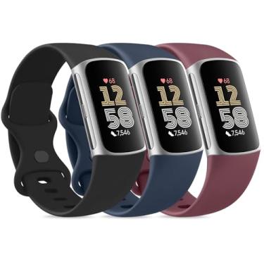Imagem de Amzpas Pulseiras para Fitbit Charge 6 para mulheres e homens, pacote com 3, pulseira esportiva de silicone macio ajustável à prova d'água para Fitbit Charge 5