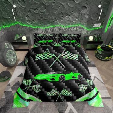 Imagem de jejeloiu Conjunto de cama solteiro de carro de corrida verde, esportes radicais, conjunto de edredom para crianças, adolescentes e adultos, Velozes e Furiosos, conjunto de edredom com bandeira