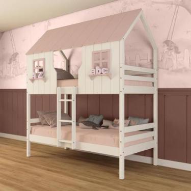 Imagem de Beliche Casinha Encantada Madeira Maciça Branco/ Rosa Megamobilia