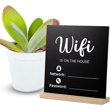 Imagem de Outus Placa de madeira WiFi, estilo quadro-negro, placa de senha WiFi, placa independente para decoração de mesa central placa de madeira emoldurada para casa ou negócios, 21 x 21 cm (estilo WiFi