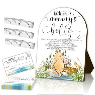 Imagem de Placa de madeira Ursinho Pooh 54 peças com 50 cartões de jogo de convidados - Meça a barriga chá de bebê jogo artigos de aniversário decorações de festa, placa de mesa de chá de bebê centros de mesa