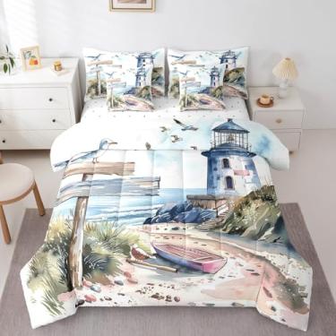 Imagem de jejeloiu Conjunto de edredom com tema de oceano, Queen, 7 peças, estampa de gaivota, verão, para meninos e meninas, praia havaiana, mar, cenário natural, para decoração de quarto