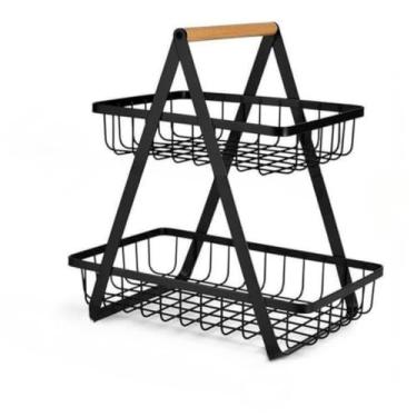 Imagem de Fruteira de Mesa Média Premium Cesta Frutas Mesa 33cm Altura Aramado 2 Andares Organizador Multiuso(Menor-Preto//27 x 33cm)