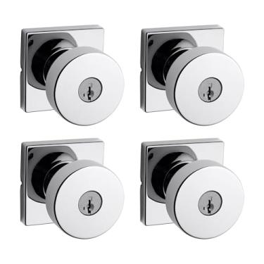 Imagem de Kwikset Maçaneta de porta de entrada Pismo com fechadura e chave, alça externa com chave segura, entrada frontal e quarto, cromo polido, pacote com 4, segurança SmartKey Rekey resistente a picaretas