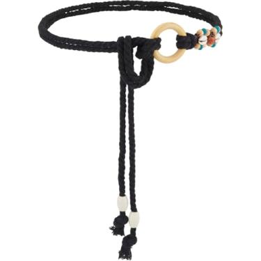 Imagem de GORGECRAFT Cinto trançado de corda 139 cm de comprimento preto simples algodão fino corrente de corda étnica boho tecido cintos finos com contas de madeira para jeans, saia, vestido de pano, calças