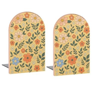 Imagem de Pétalas de flores laranjas terminais de livros de madeira decorativas para prateleiras quarto de crianças mesa escritório em casa rolhas de livro para revistas, livros, DVDs, 1 par/2 peças (12,7 x 7,9
