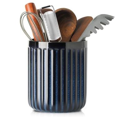 Imagem de Hasense Suporte Para Utensílios De Cerâmica, 19 Cm X 15 Cm, Com Nervuras, Decoração Fazenda, Porcelana Cozinha, Bancada Organizador Presente Inauguração, Azul-Marinho