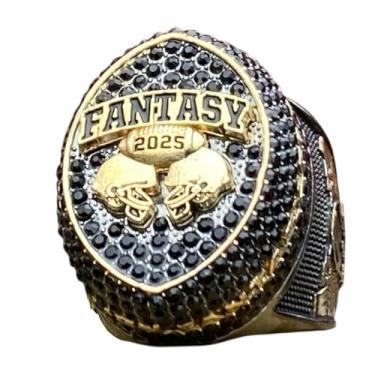 Imagem de Legacy Rings 2025 Anel de troféu de campeonato de futebol de fantasia de bronze maciço e ouro, prêmio de vencedor da liga de futebol de fantasia, pedras pretas