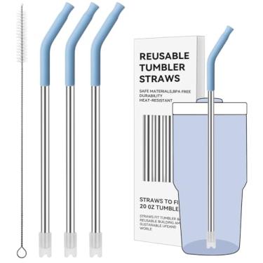 Imagem de Prurex Canudos de metal reutilizáveis com ponta de silicone para Stanley 590 ml, canudos de aço inoxidável para copo de 590 ml, 3 tubos retos e 6 pontas e 1 escova Cleanr (cambraia)