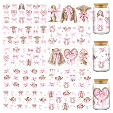 Imagem de AFRITEE Envelopes de copo UV DTF - 10 folhas de laço rosa vaqueira UV DTF adesivo para copo de 473 g, laço cereja highland vaca sublimação adesivos de transferência a frio decalque DIY garrafa de água