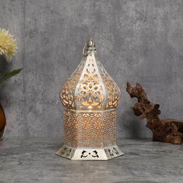 Imagem de Lanterna marroquina de 27,7 cm, castiçais decorativos, capa dobrável para decorações de Ramadã, pendurar, pátio externo ou varanda, decoração de casa interna (branco)