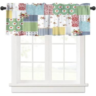 Imagem de Saia de janela Boho patchwork, vintage, floral, xadrez, bolinhas, bolso para varão, para café, sala de jantar, cozinha, escritório, quarto, sala de estar, 137 x 45 cm