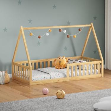 Imagem de IDIMEX Cama Montessoriana Cabana Infantil Solteiro 88x188 Madeira Casinha de Chão Nicolas cor Natural com grade