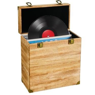 Imagem de YIYYZI Caixa de armazenamento de discos de vinil, caixa de disco de vinil de madeira maciça serve para discos padrão - 19 cm (trava dupla atualização) estojo de armazenamento de álbum LP comporta 40