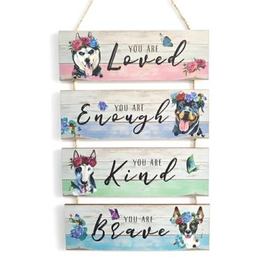 Imagem de Pursuestar 4 peças de flores de madeira cães pendurados na parede pintura impressão de imagem Loved Enough Kind Brave Placas de madeira rústica para casa, quarto, sala de estar, banheiro, escritório