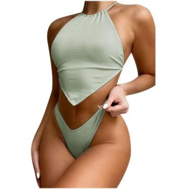 Imagem de Biquíni feminino de cor sólida biquíni conjunto de duas peças sutiã ro