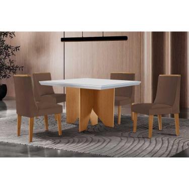 Imagem de Conjunto Sala de Jantar Nevada c/ Tampo Madeirado c/ Vidro Canto Curvo 90x90cm e 4 Cadeiras Dakota Madeira Maciça Naturale/Off White - Capuccino/Coran