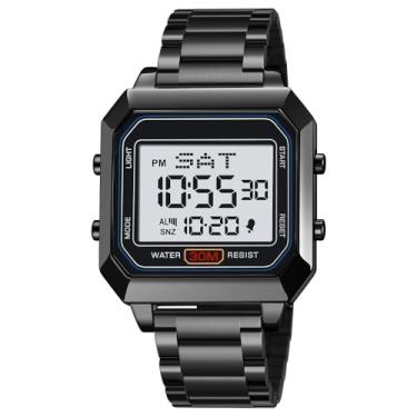 Imagem de zolohoni Relógio digital masculino masculino, quadrado de aço inoxidável, à prova d'água, com data dupla, Preto e branco