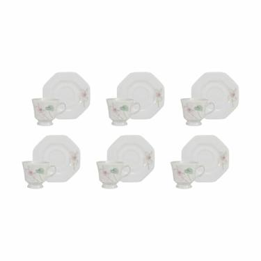 Imagem de Estojo com 6 Xícaras de de Chá com Pires. Modelo Octogonal Prisma. Decoração Encanto. Fabricado pela Porcelana Schmidt