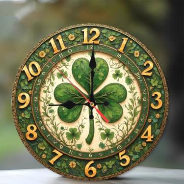 Imagem de Relógio de parede irlandês Shamrock decoração ouro verde relógio de parede de madeira de 25 cm, movimento silencioso, perfeito para sala de estar, quarto, banheiro, decoração de casa