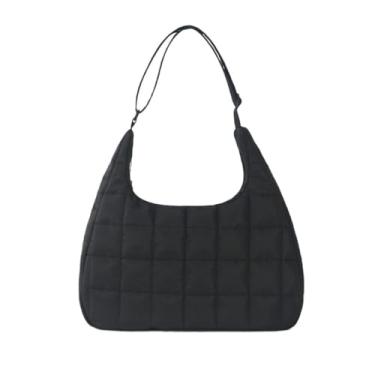 Imagem de Bolsa de ombro acolchoada para mulheres – Bolsa elegante de grande capacidade para o inverno, alça ajustável, preta, Preto, Tendência