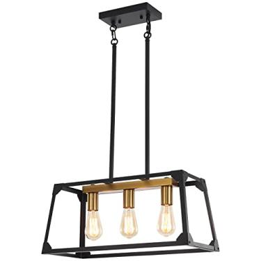 Imagem de Iluminação de ilha de cozinha preta e dourada, lustres retangulares modernos de 3 luzes, hastes ajustáveis de 54 cm gaiola rústica luzes pendentes penduradas para sala de jantar luminárias sobre mesa