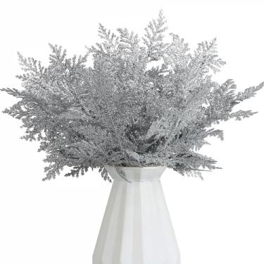 Imagem de FOIMAS 24 peças agulhas artificiais de pinheiro glitter palitos florais de Natal galhos falsos palitos de galhos florais sprays para guirlandas de árvore de Natal arranjo floral decoração de férias para casa, prata