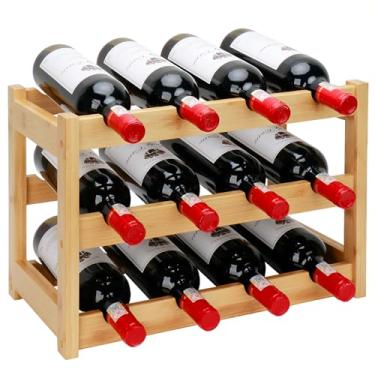 Imagem de Thalomely Rack de vinho de bambu, prateleira de armário de armazenamento de vinho com 12 garrafas de 3 níveis, prateleira de armazenamento de vinho de bambu independente de fácil montagem, bancada