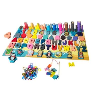 Imagem de Brinquedo Educativo Montessori 135 peças de Madeira Multiatividades Tabuleiro com Letras, Números, Formas, Pescaria e Animais Didáticos