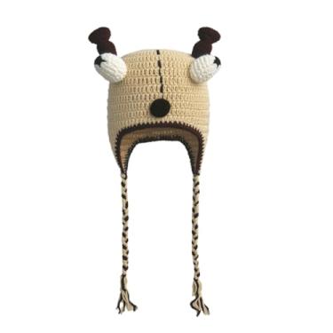 Imagem de Hshsclth Gorro engraçado de tricô de monstro com olhos e orelhas arregaladas, chapéu de crochê para crianças e adultos, Orelhas bege e preta, tamanho �nico