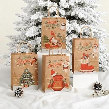 Imagem de 2 peças de sacos de presente de papel kraft de Natal com alças, desenhos festivos de cervos de árvore de boneco de neve de Papai Noel, ideais para presentes de férias, lembrancinhas de festa