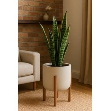 Imagem de Vaso de Plantas Decorativo com pé de Madeira Luxo para Casa (BEGE AREIA)