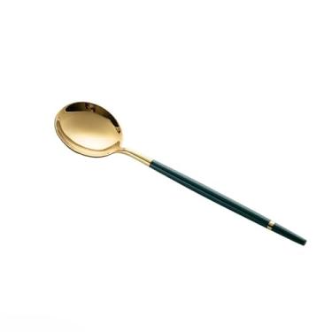 Imagem de Colheres de sopa de aço inoxidável 304 para uso doméstico requintado colher de sopa de cabo longo colher infantil colher de mesa colheres de mesa (cor: verde escuro)
