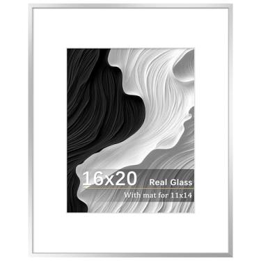 Imagem de Tinkeps Moldura prateada de 40,6 x 50,8 cm, moldura de alumínio com vidro verdadeiro, foto para exibição de 28 x 35 cm com tapete ou 40 x 50 sem, molduras modernas de metal para parede, montagem