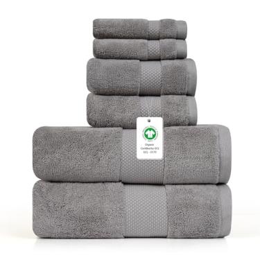 Imagem de Conjunto de 6 toalhas 100% algodão orgânico – Certificação GOTS & Oeko-TEX – Macia, ultra absorvente, secagem rápida – Inclui 2 toalhas de banho, 2 toalhas de mão, 2 toalhas de banho – Farm to Home