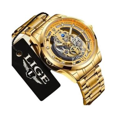 Imagem de Relógio De Pulso Quartz Esqueleto Dourado Para Homens LIGE Luxuoso Ret