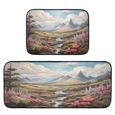 Imagem de Wassud Lindo conjunto de 2 tapetes e tapetes de cozinha para paisagem, impermeável, antiderrapante, para cozinha, corredor, escritório, pia, lavanderia