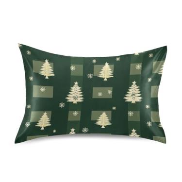 Imagem de Wassud Fronha de cetim para cabelo e pele, árvore de Natal, xadrez, lisa, de seda, capas de travesseiro Queen Size respiráveis com fecho de envelope