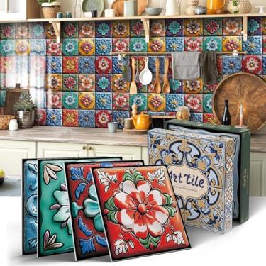Imagem de BUYBLIFE Retire e cole Backsplash para cozinha, decalques de azulejo autoadesivos mexicanos à prova d'água adesivos de azulejo para armários de banheiro DIY decoração de casa (12 folhas 15 x 15 cm)