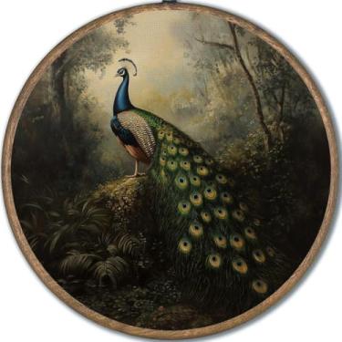 Imagem de Decoração de parede redonda de pato de fazenda, impressão em tela de pato floral rústico emoldurada, decoração de parede circular retrô Cottagecore para casa, quarto, cozinha, 25 x 25 cm (pavão marrom