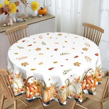 Imagem de AOPEDRM Toalha de mesa redonda outono outono folha de bordo toalha de mesa 152 cm grade preta e branca capa à prova de derramamento para cozinha, festa, piquenique, jantar, decoração de mesa