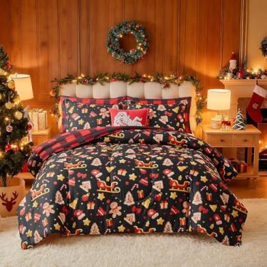Imagem de Conjunto de edredom de Natal, Queen, 3 peças, trenó preto e vermelho, sinos de árvore, casa de gengibre, reversível, com fronhas