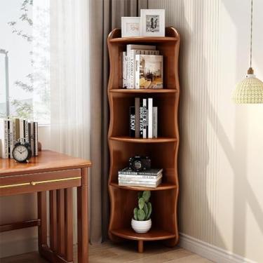 Imagem de NRNQMTFZ Estante alta e estreita com prateleiras, estante moderna de armazenamento independente, estante de madeira industrial, prateleiras de armazenamento de 5 camadas (cor nogueira)