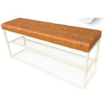 Imagem de Sapateira Banco Estofado com Tela 110cm e Porta-Chaves, Organizador Multifuncional para Entrada, Sala ou Quarto (Estrutura Branca/Assent Marrom)