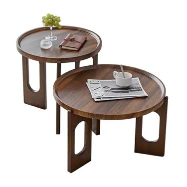 Imagem de Mesa de centro redonda para sala de estar, mesa lateral para sala de estar, mesa de centro retrô, design de madeira de meados do século, mesa de decoração de casa para sala de estar (cor nogueira)