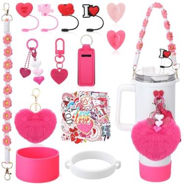 Imagem de Ovveroche Conjunto de 13 peças de acessórios de copo rosa choque compatível com Stanley Tumbler, incluindo alça de alça de garrafa de água, capa de batom, porta-chaves, gancho em forma de coração
